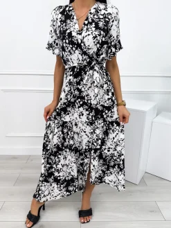 Czarna Sukienka Maxi w Biały Wzór 12357-325-A|Modna Kiecka Fashion