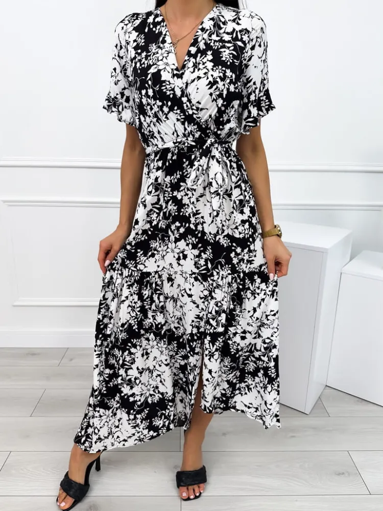 Czarna Sukienka Maxi w Biały Wzór 12357-325-A|Modna Kiecka Fashion