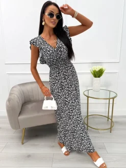 Czarna Sukienka Maxi w Drobne Kwiatki 13930-55-B|Modna Kiecka Sale