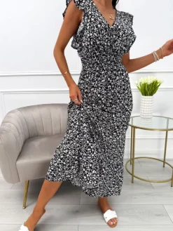 Czarna Sukienka Maxi w Drobne Kwiatki 13930-55-B|Modna Kiecka Sale