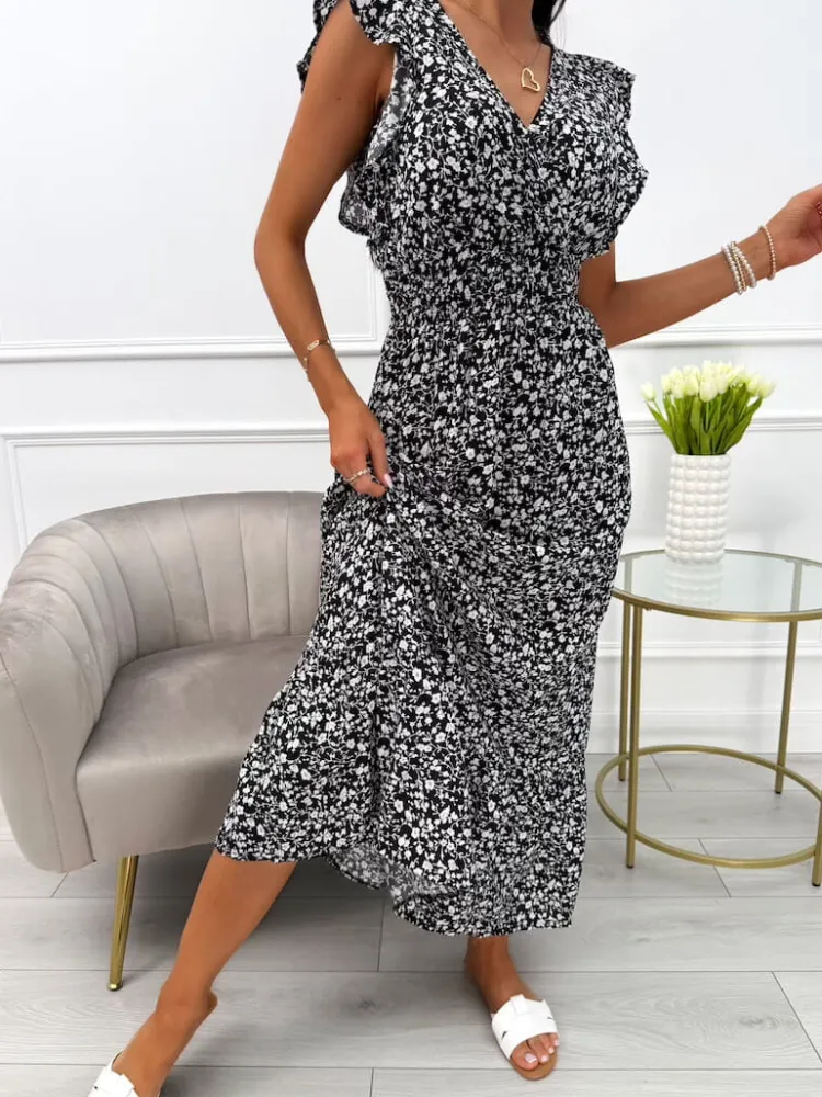 Czarna Sukienka Maxi w Drobne Kwiatki 13930-55-B|Modna Kiecka Sale