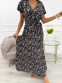 Czarna Sukienka Maxi w Kwiaty 13924-532-A|Modna Kiecka Best