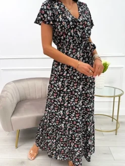 Czarna Sukienka Maxi w Kwiaty  13924-532-A|Modna Kiecka Best