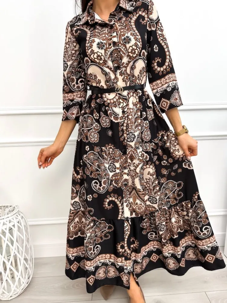 Czarna Sukienka Maxi w Orientalny Wzór 13254-157-B|Modna Kiecka Online