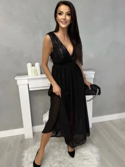 Czarna Sukienka Maxi z Cekinami 13407-331-A|Modna Kiecka Discount