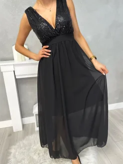 Czarna Sukienka Maxi z Cekinami 13407-331-A|Modna Kiecka Discount