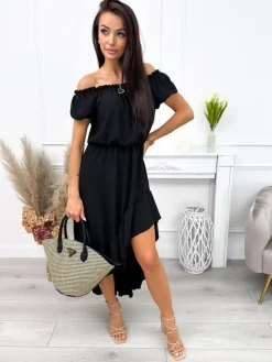 Czarna Sukienka Maxi z Falbankami 12266-100-A|Modna Kiecka Online