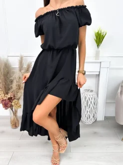 Czarna Sukienka Maxi z Falbankami 12266-100-A|Modna Kiecka Online