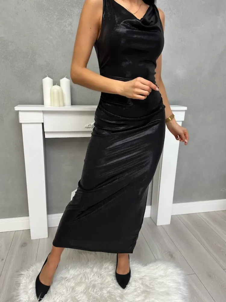 Czarna Sukienka Maxi z Marszczeniem 13410-147-B|Modna Kiecka Fashion