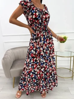 Czarna Sukienka Maxi z Motywem Roślinnym 13925-212-A|Modna Kiecka Sale