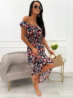 Czarna Sukienka Maxi z Motywem Roślinnym 13925-212-A|Modna Kiecka Sale