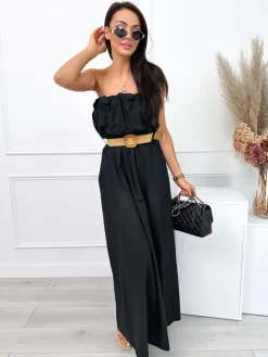 Czarna Sukienka Maxi z Paskiem 12545-520-C|Modna Kiecka Sale