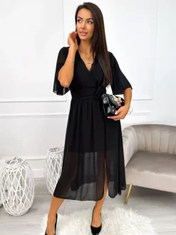 Czarna Sukienka Midi 11096-115-A|Modna Kiecka Outlet