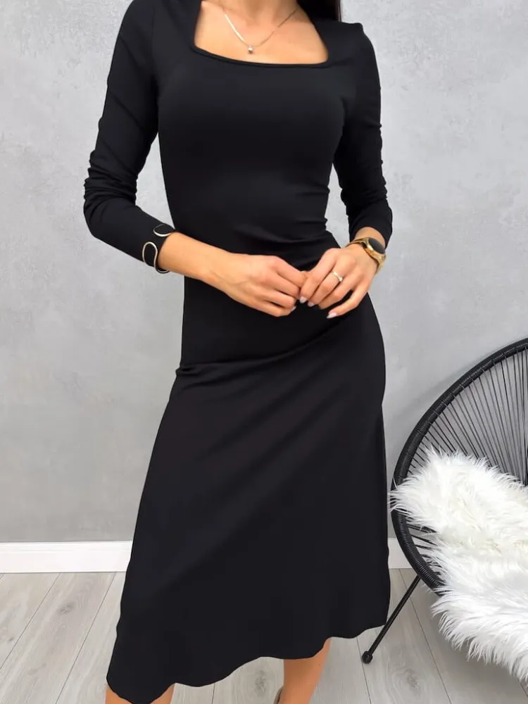 Czarna Sukienka Midi 13201-242-A|Modna Kiecka Sale