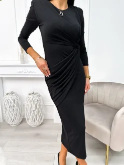 Czarna Sukienka Midi 11282-37-Q|Modna Kiecka Outlet