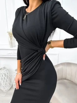 Czarna Sukienka Midi 11282-37-Q|Modna Kiecka Outlet
