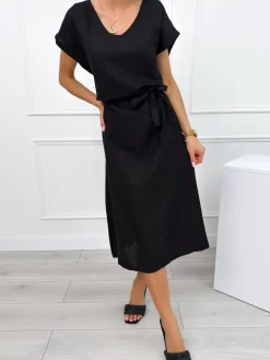 Czarna Sukienka Midi z Paseczkiem 12496-198-B|Modna Kiecka Sale