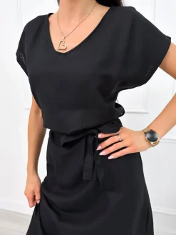 Czarna Sukienka Midi z Paseczkiem 12496-198-B|Modna Kiecka Sale