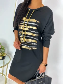 Czarna Sukienka Oversize z Nadrukiem 11715-41-Q|Modna Kiecka Clearance