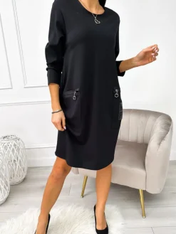 Czarna Sukienka Oversize z Kieszeniami 11202-302-A|Modna Kiecka New