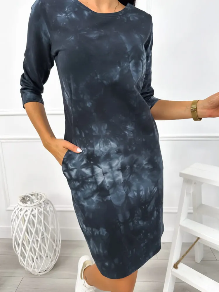 Czarna Sukienka Tie Dye z Kieszeniami 12876-102-A|Modna Kiecka New