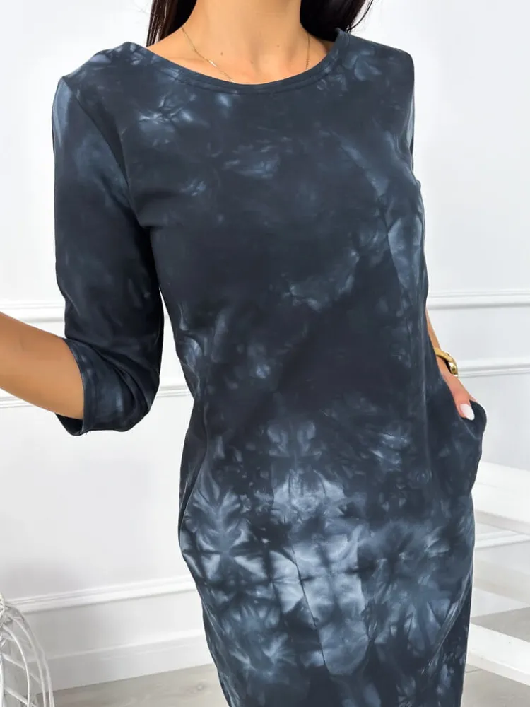 Czarna Sukienka Tie Dye z Kieszeniami 12876-102-A|Modna Kiecka New