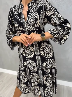Czarna Sukienka w Beżowy Wzór 13105-129-Q|Modna Kiecka Fashion