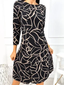 Czarna Sukienka w Beżowy Wzór 13061-43-B|Modna Kiecka New