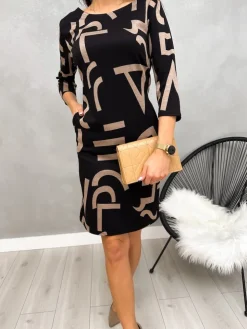 Czarna Sukienka w Beżowy Wzór 13207-296-B|Modna Kiecka Clearance