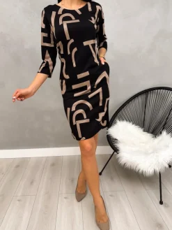 Czarna Sukienka w Beżowy Wzór 13207-296-B|Modna Kiecka Clearance