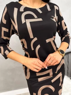Czarna Sukienka w Beżowy Wzór 13207-296-B|Modna Kiecka Clearance