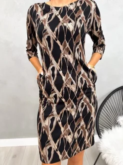 Czarna Sukienka w Beżowy Wzór z Kieszeniami 13196-287-Q|Modna Kiecka Outlet