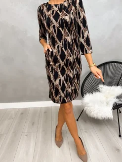 Czarna Sukienka w Beżowy Wzór z Kieszeniami 13196-287-Q|Modna Kiecka Outlet