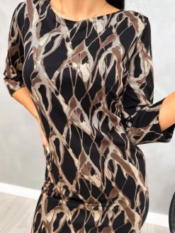 Czarna Sukienka w Beżowy Wzór z Kieszeniami 13196-287-Q|Modna Kiecka Outlet