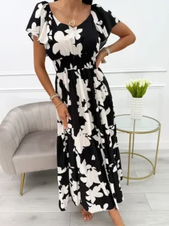 Czarna Sukienka w Beżowy Wzór 14023-90-B|Modna Kiecka Fashion
