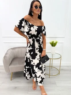 Czarna Sukienka w Beżowy Wzór 14023-90-B|Modna Kiecka Fashion