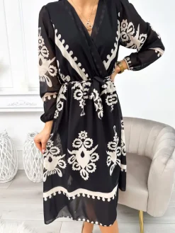 Czarna Sukienka w Beżowy Wzór z Paskiem  11259-238-Q|Modna Kiecka Outlet