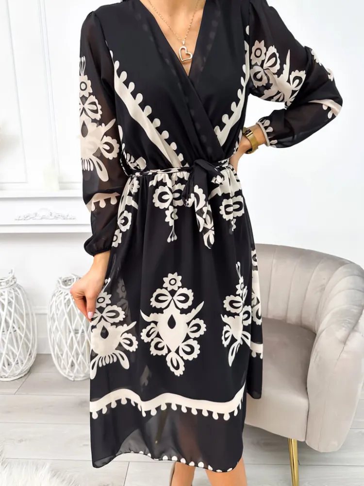 Czarna Sukienka w Beżowy Wzór z Paskiem 11259-238-Q|Modna Kiecka Outlet