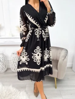 Czarna Sukienka w Beżowy Wzór z Paskiem 11259-238-Q|Modna Kiecka Outlet