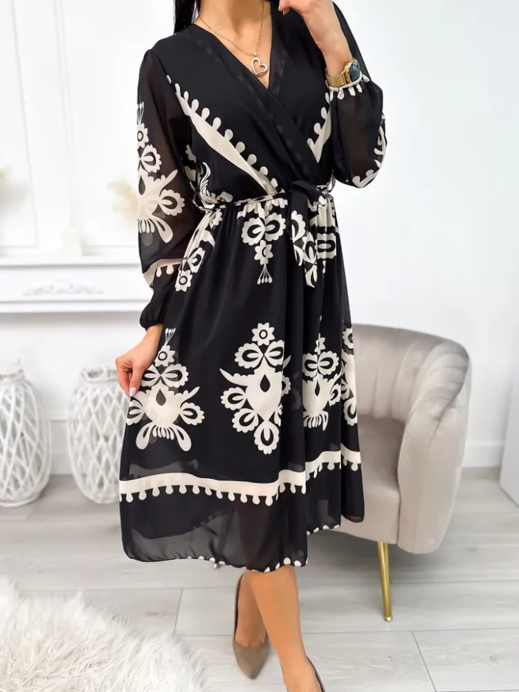 Czarna Sukienka w Beżowy Wzór z Paskiem 11259-238-Q|Modna Kiecka Outlet