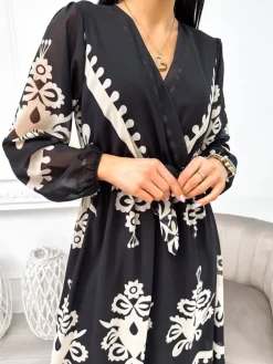 Czarna Sukienka w Beżowy Wzór z Paskiem 11259-238-Q|Modna Kiecka Outlet