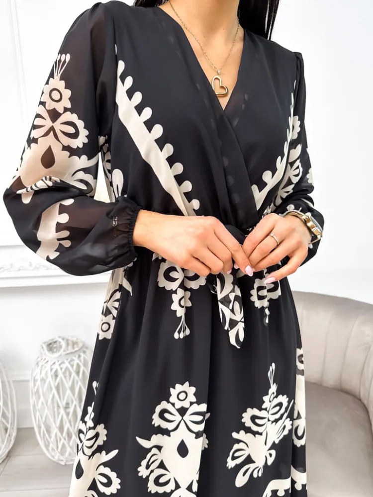 Czarna Sukienka w Beżowy Wzór z Paskiem 11259-238-Q|Modna Kiecka Outlet