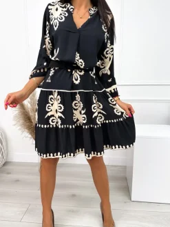 Czarna Sukienka w Beżowy Wzór 10786-531-A|Modna Kiecka Fashion