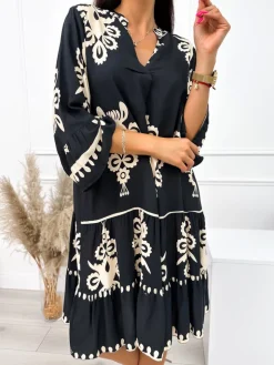 Czarna Sukienka w Beżowy Wzór 10786-531-A|Modna Kiecka Fashion