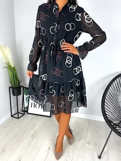 Czarna Sukienka w Biało-Brązowy Wzór 11686-299-Q|Modna Kiecka Online