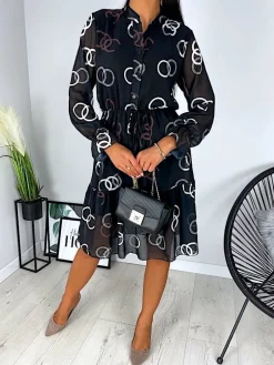 Czarna Sukienka w Biało-Brązowy Wzór 11686-299-Q|Modna Kiecka Online