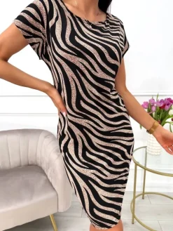 Czarna Sukienka w Brązowy Wzór 13635-74-Q|Modna Kiecka Clearance