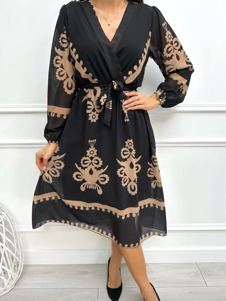 Czarna Sukienka w Brązowy Wzór z Paskiem 13195-148-Q|Modna Kiecka Discount