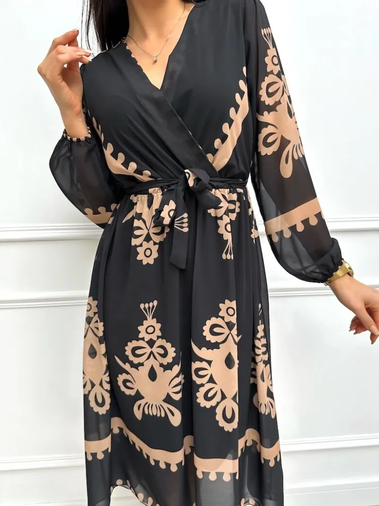 Czarna Sukienka w Brązowy Wzór z Paskiem 13195-148-Q|Modna Kiecka Discount
