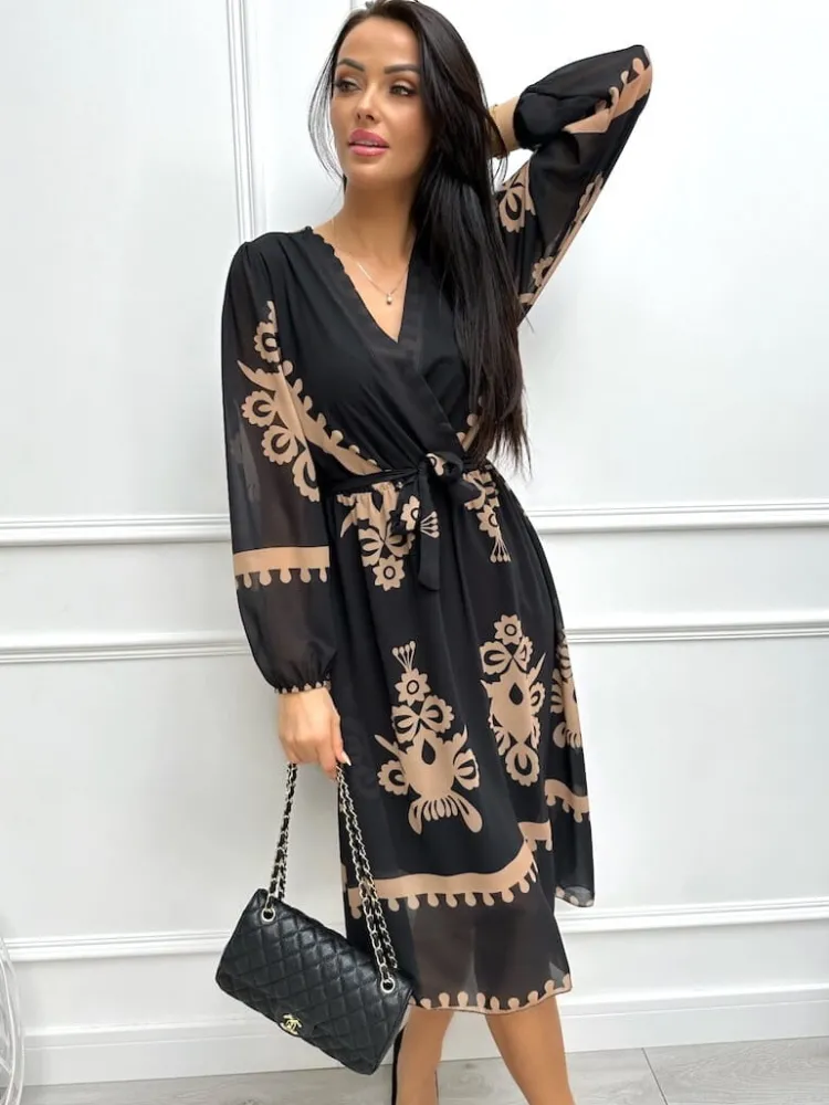 Czarna Sukienka w Brązowy Wzór z Paskiem 13195-148-Q|Modna Kiecka Discount
